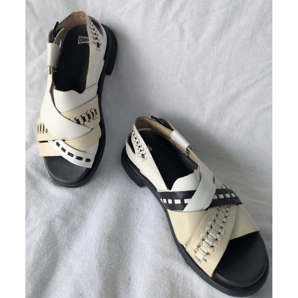 Camper Twins Asymmetric Leather Slingback Sandals Mules White Black EU 36 US 6